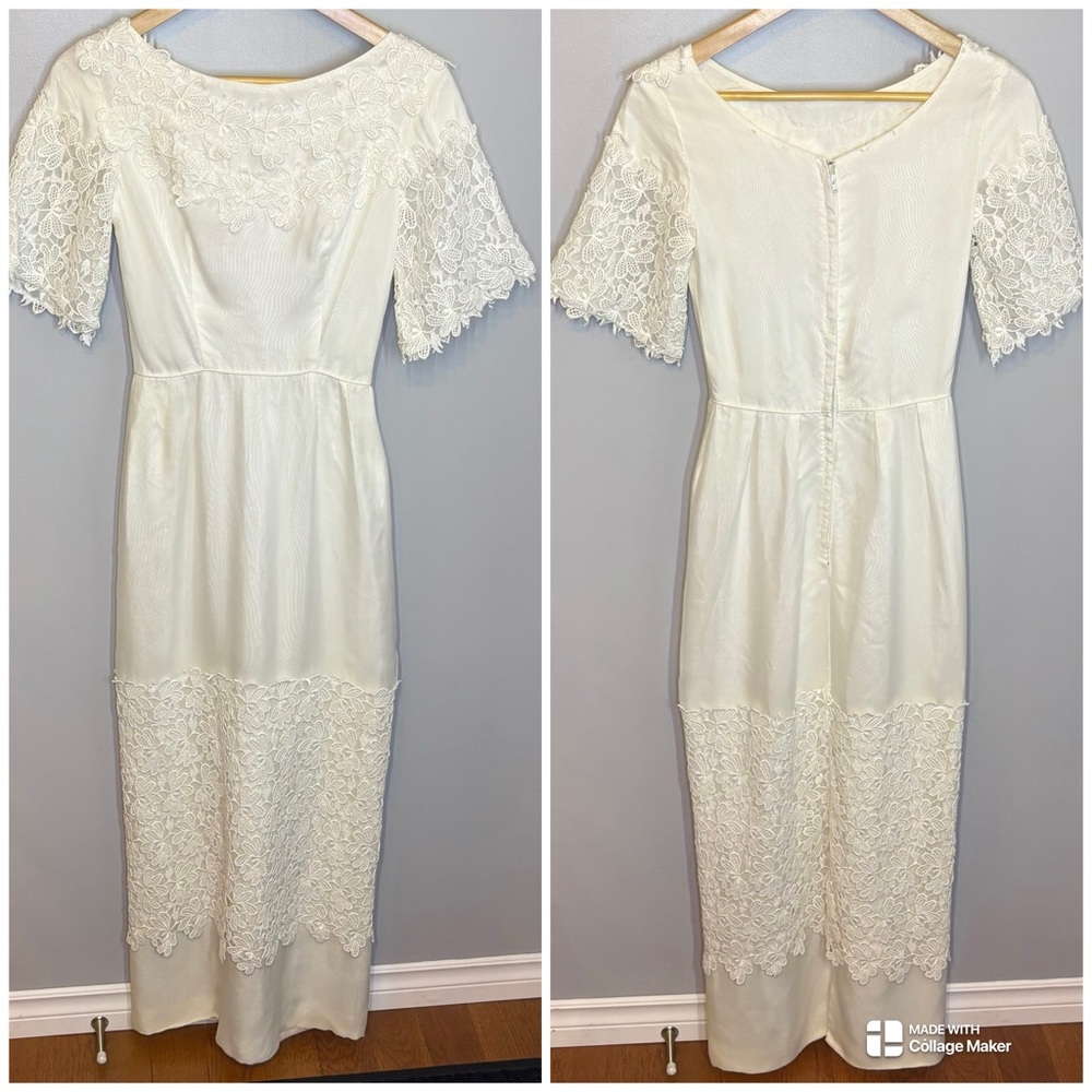 Vintage 1966 Handmade Lace Detail Wedding Dress with Detachable Bow Train Sz XS - Picture 3 of 10